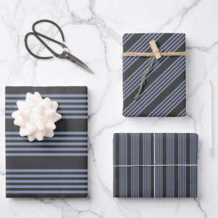 Blue-grey and charcoal five stripe pattern wrapping paper sheets