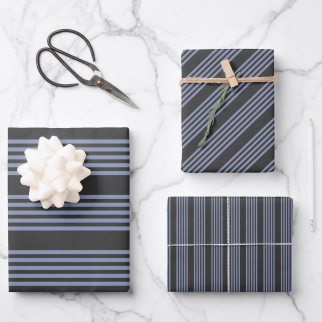 Blue-grey and charcoal five stripe pattern wrapping paper sheets (Front)