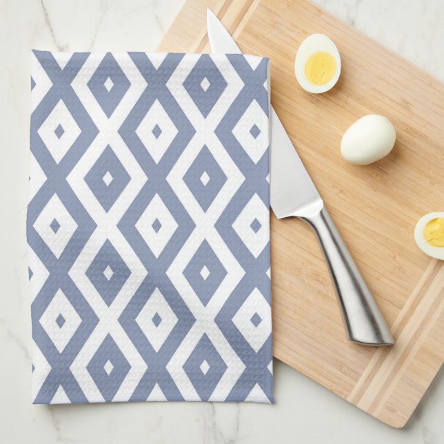 Blue grey and white diamond pattern kitchen towel (Quarter Fold)