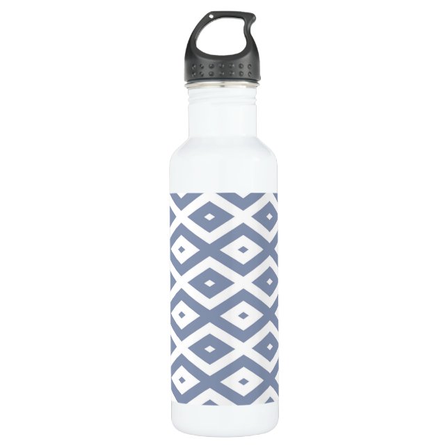 Blue grey and white diamond pattern stainless steel water bottle (Front)