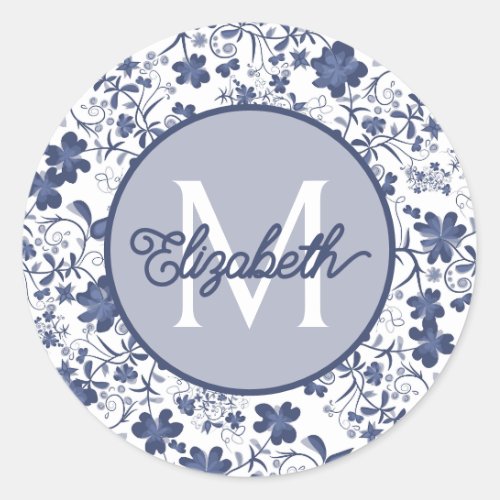 Blue Grey and White Floral Monogram Classic Round Sticker