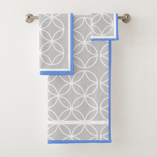 Blue grey and white geometric pattern bath towel set (Insitu)