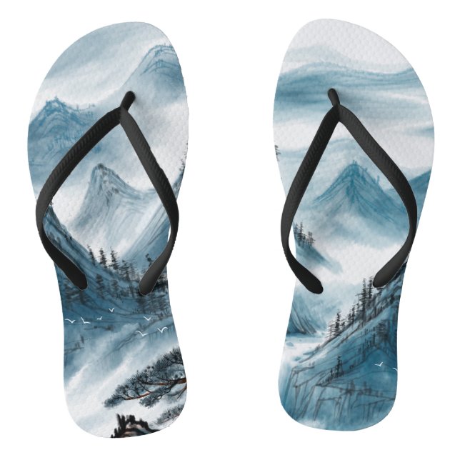 Blue-grey Artistic Mountain Painting Chinoiserie Flip Flops (Footbed)