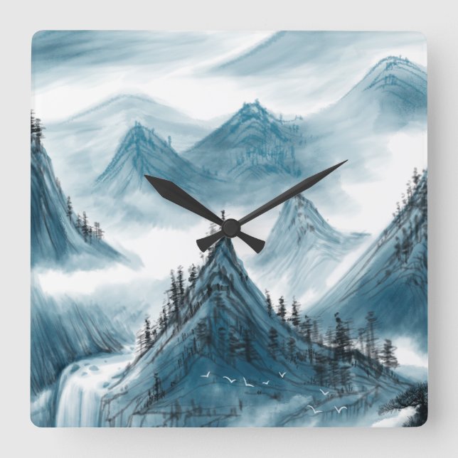 Blue-grey Artistic Mountain Painting Chinoiserie Square Wall Clock (Front)
