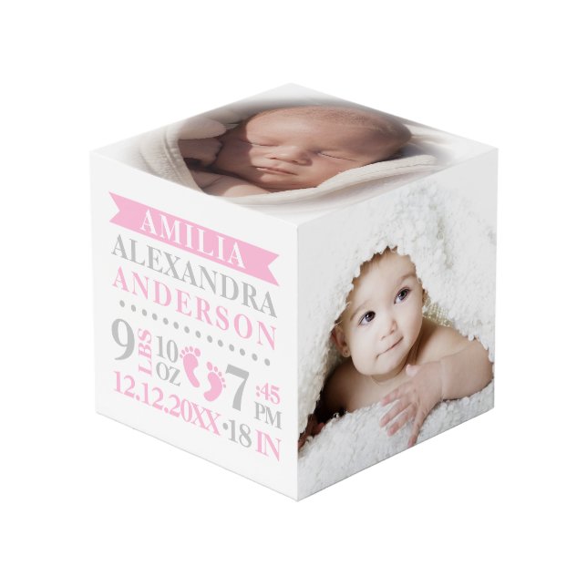 Blue Grey Birth Stats BABY Girl Keepsake PHOTO Cube (Front Angled)