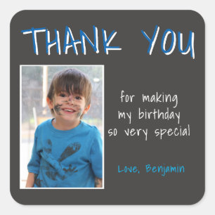 Blue Grey Birthday Boy Photo Thank you Favor Square Sticker