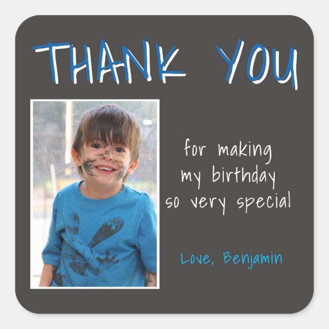 Blue Grey Birthday Boy Photo Thank you Favor Square Sticker (Front)