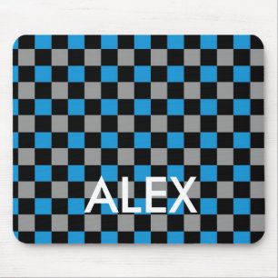 Blue grey black checkered checker skater mouse pad