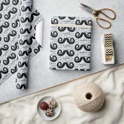 Blue Grey Black Funny Humor I Mustache Wrapping Paper