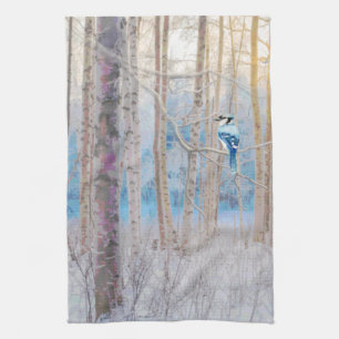 Blue Grey Blue Jay Bird Forest Trees Art Kitchen Towel