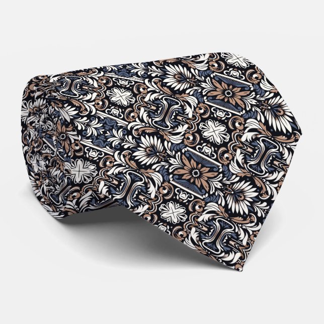 Blue-Grey, Brown, Buff, Black & White Pattern Neck Tie (Rolled)