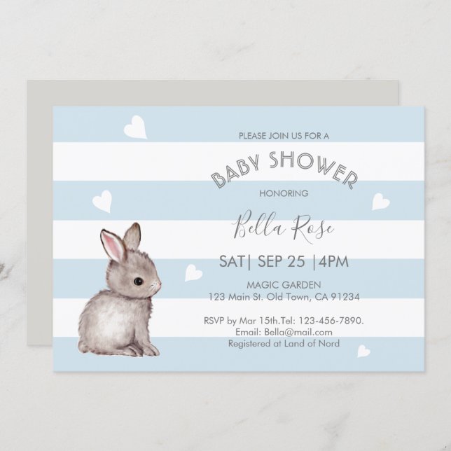 Blue Grey Bunny Baby Shower Invitations (Front/Back)