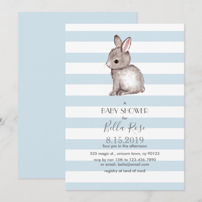 Blue grey bunny baby shower invitations (Front/Back)