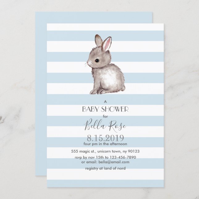 Blue grey bunny baby shower invitations (Front/Back)