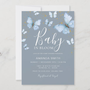 Blue Grey Butterfly Baby in Bloom Baby Shower Invitation