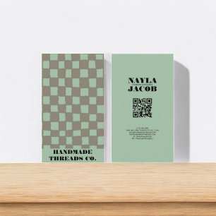 Blue Grey Checkerboard Pattern QR Code Handmade Business Card