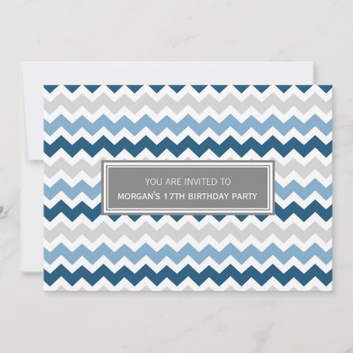 Blue Grey Chevron 17th Birthday Party Invitation
