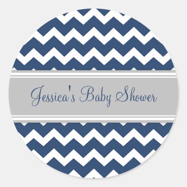 Blue Grey Chevron Baby Shower Favor Stickers (Front)
