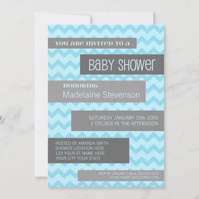 Blue Grey Chevron Custom Baby Shower Invitations (Back)