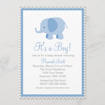 Blue Grey Chevron Elephant Boy Baby Shower Invite by coffeecatdesigns at Zazzle