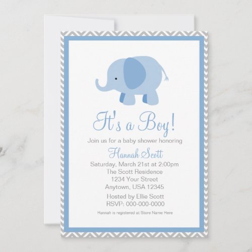 Blue Grey Chevron Elephant Boy Baby Shower Invite