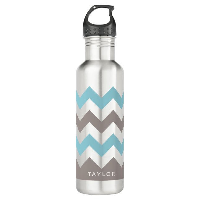 Blue Grey Chevron Pattern Stainless Steel Water Bottle (Front)