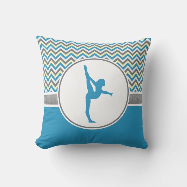 Blue / Grey Chevron Stripes Gymnastics w/ Monogram Throw Pillow (Front)