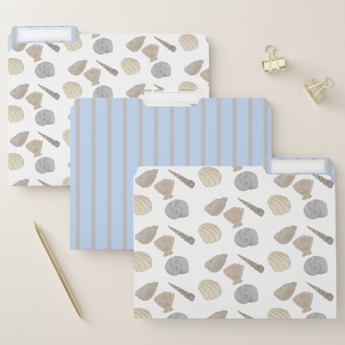 Blue Grey Coastal Sea Shells File Folder