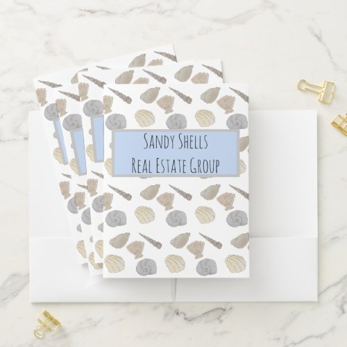 Blue Grey Coastal Sea Shells Pocket Folder