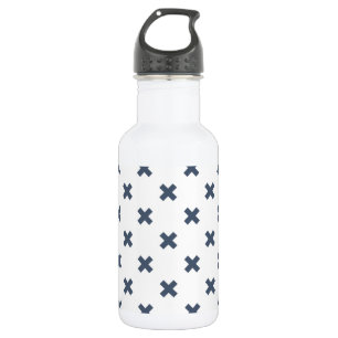 Blue-grey cross stitches on white stainless steel water bottle