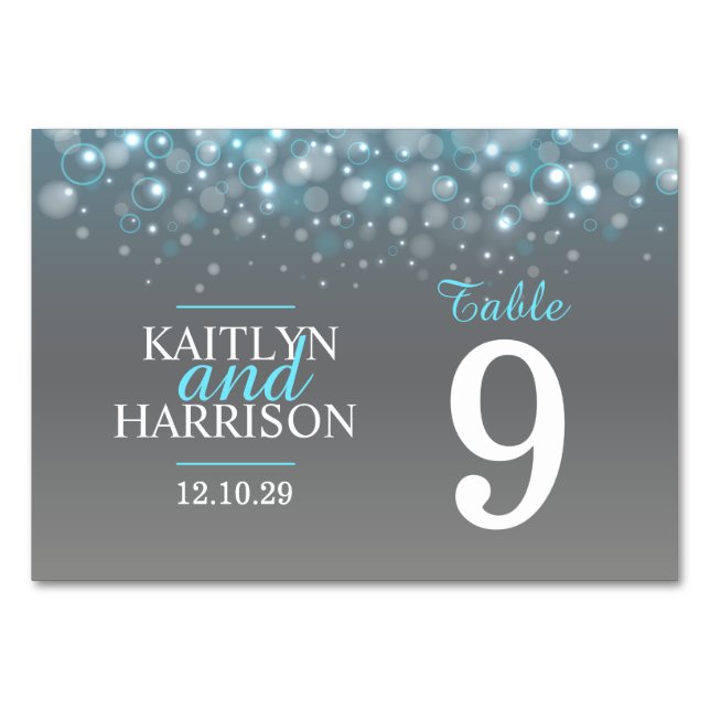 Blue grey custom bubbles Wedding table numbers (Front)