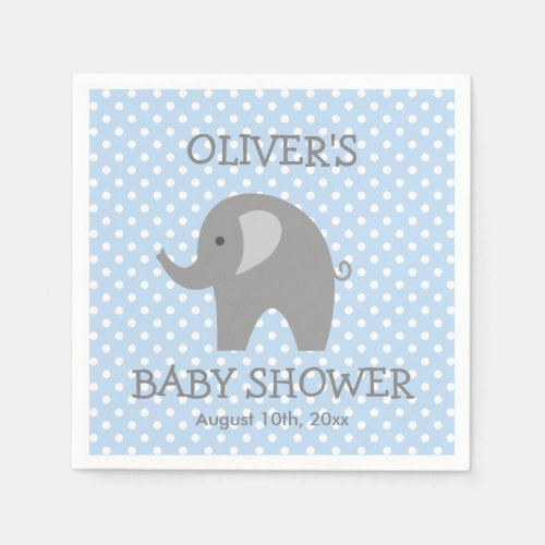 Blue  grey cute elephant boys baby shower napkins