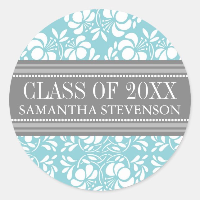 Blue Grey Damask Graduation Custom Year Name Classic Round Sticker (Front)
