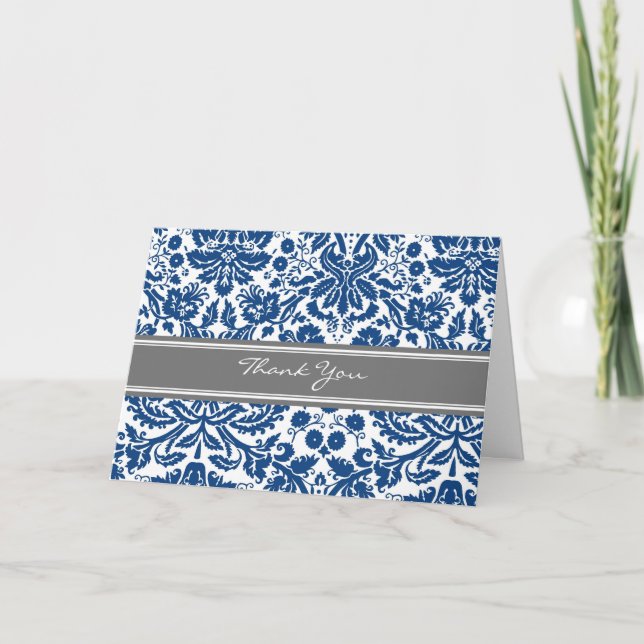 Blue Grey Damask Wedding Thank You Card (Front)