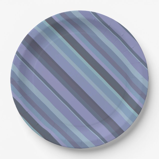 Blue-grey diagonal stripes paper plates (Front)