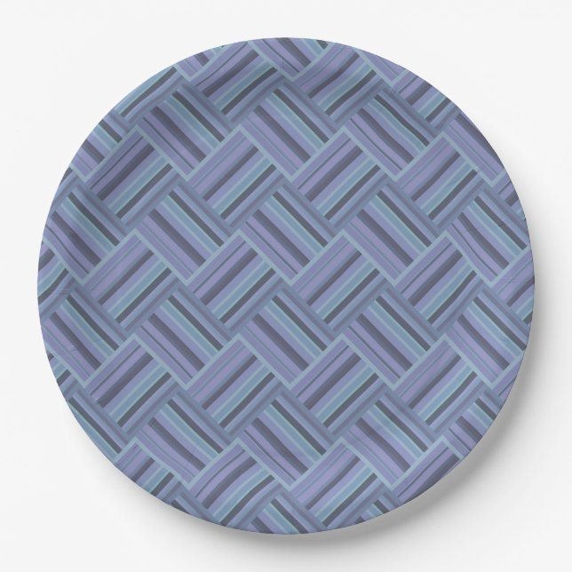 Blue-grey diagonal stripes weave pattern paper plates (Front)