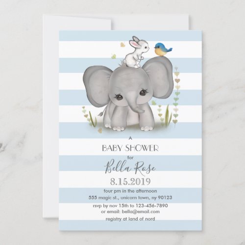 Blue Grey Elephant Bunny Baby Shower Invitation