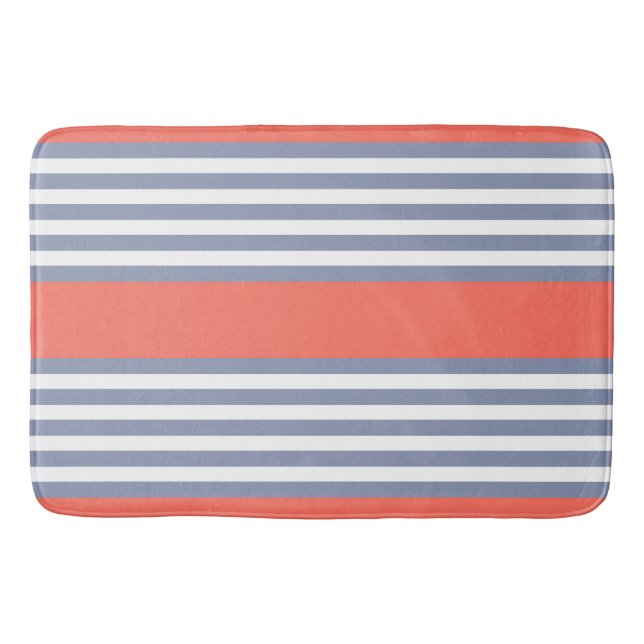 Blue-grey five stripe pattern with living coral bath mat (Front)