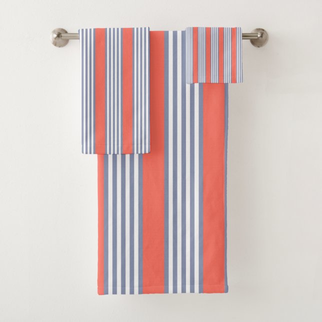 Blue-grey five stripe pattern with living coral bath towel set (Insitu)