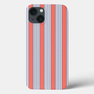 Blue-grey five stripe pattern with living coral iPhone 13 case