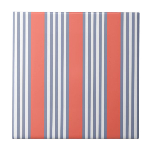 Blue-grey five stripe pattern with living coral ceramic tile (Front)