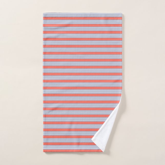 Blue-grey five stripe pattern with living coral hand towel  (Hand Towel)