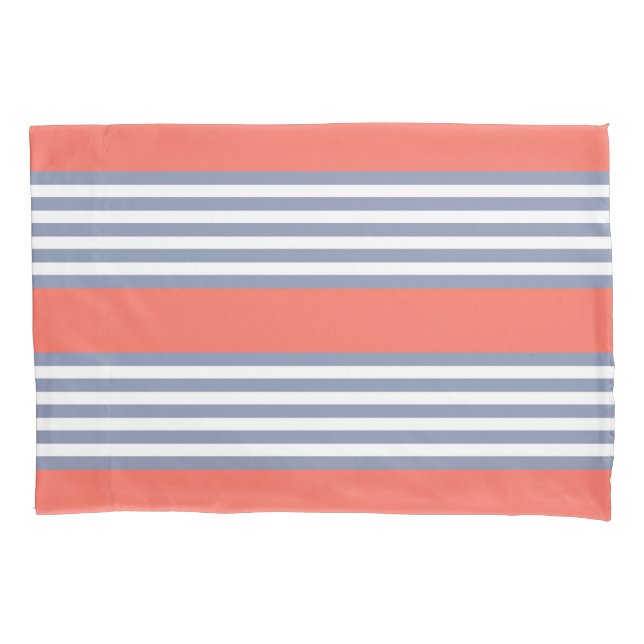 Blue-grey five stripe pattern with living coral pillow case (Front)