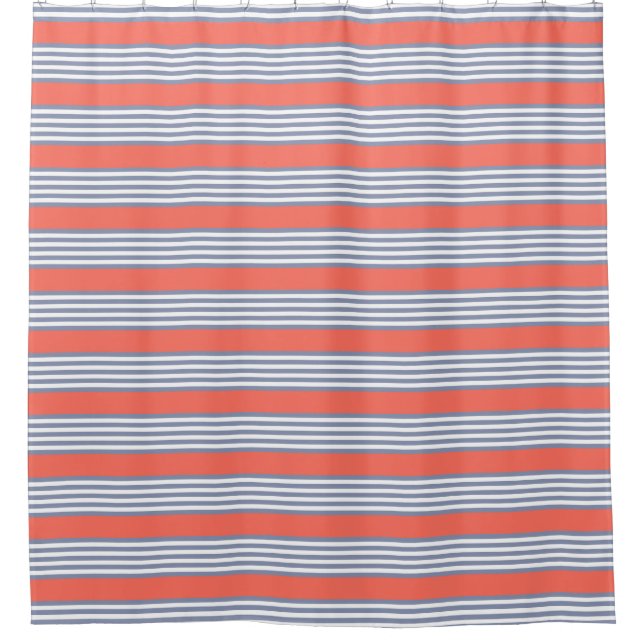 Blue-grey five stripe pattern with living coral shower curtain (Front)