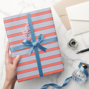 Blue-grey five stripe pattern with living coral wrapping paper