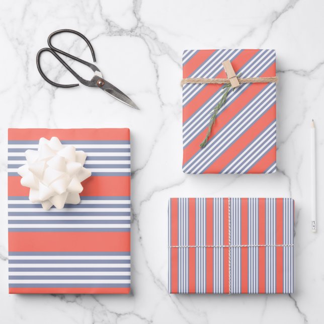 Blue-grey five stripe pattern with living coral wrapping paper sheets (Front)