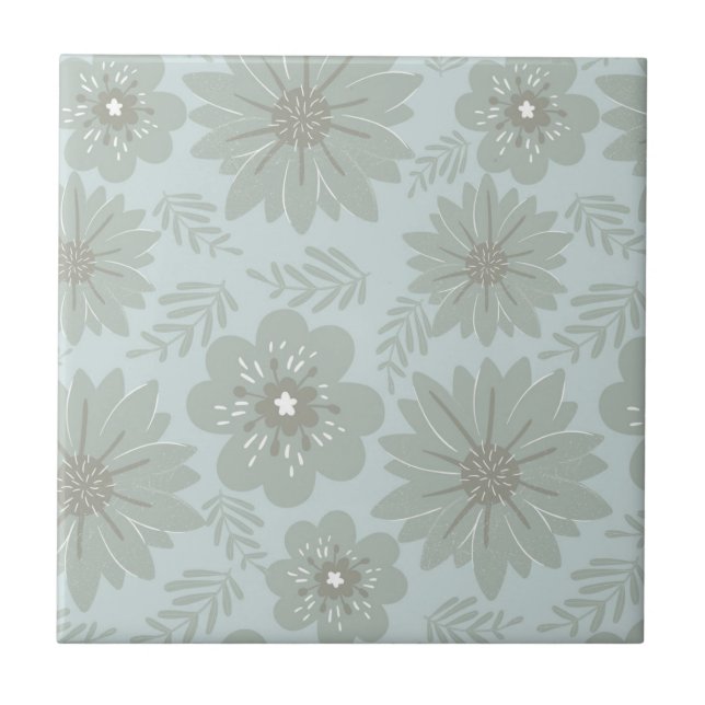 Blue Grey Floral Retro Botanical Backsplash Ceramic Tile (Front)