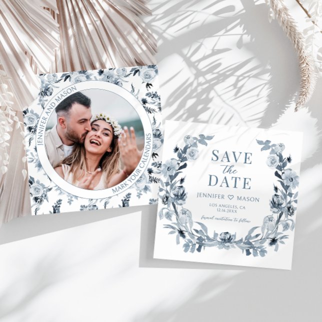 Blue Grey Floral Save The Date Photo Invitation (Creator Uploaded)
