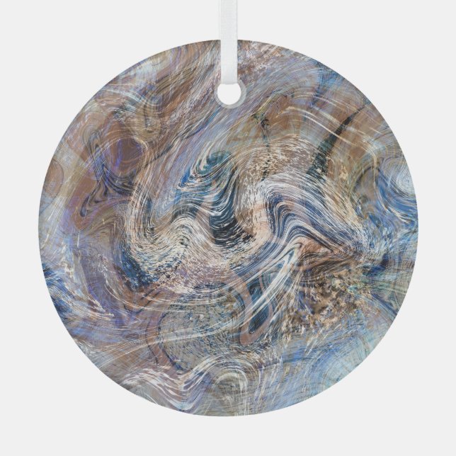 Blue Grey Fluid Marbling Illustration Glass Ornament (Front)
