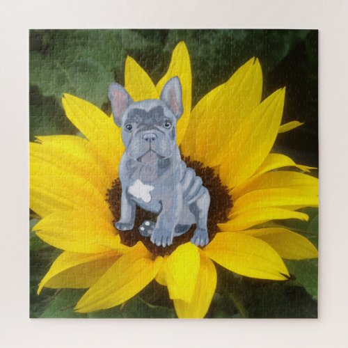 Blue Grey French Bulldog Puppy and Sunflower  Jigsaw Puzzle